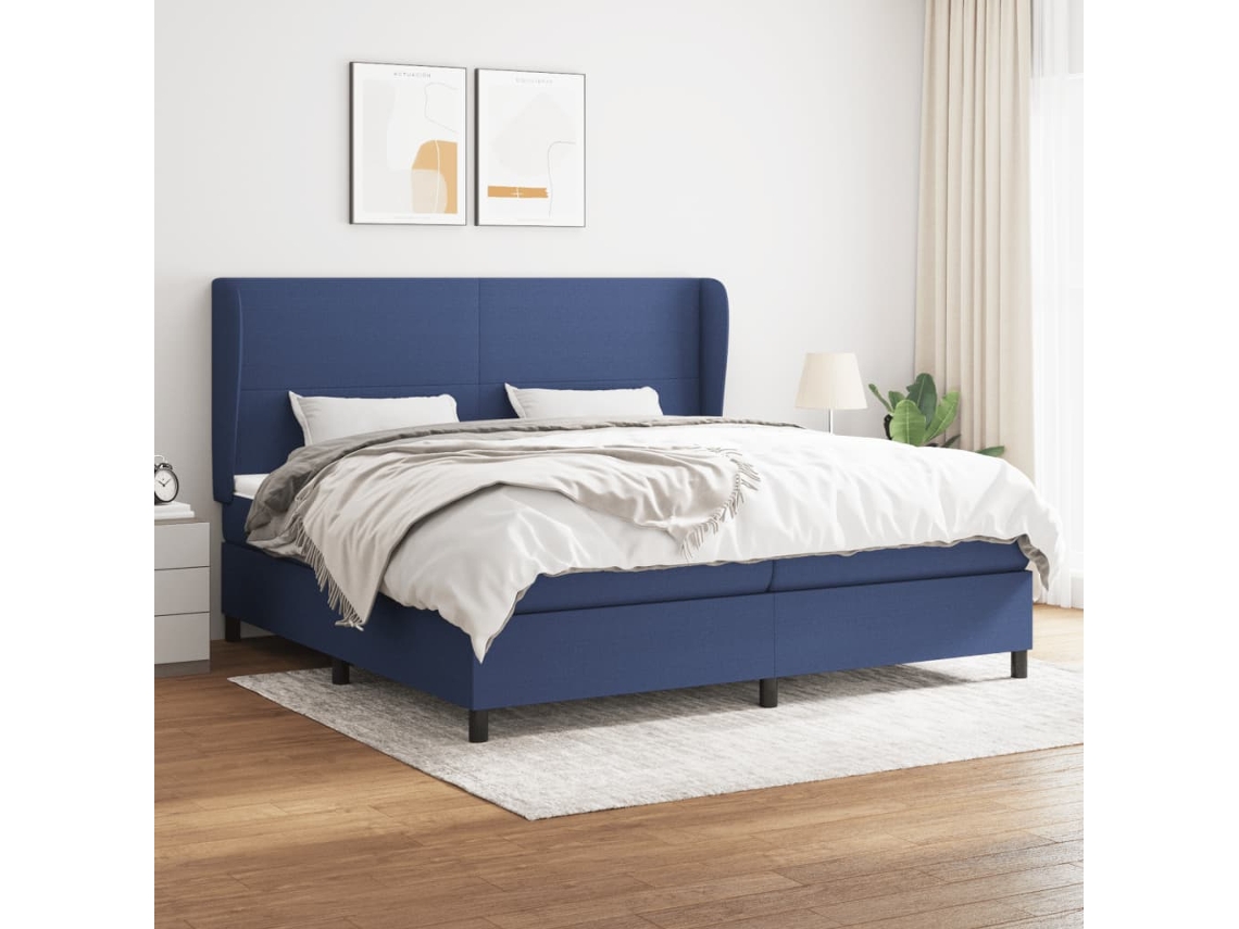 Cama Com Molas/colchão 200x200 Cm Tecido Azul