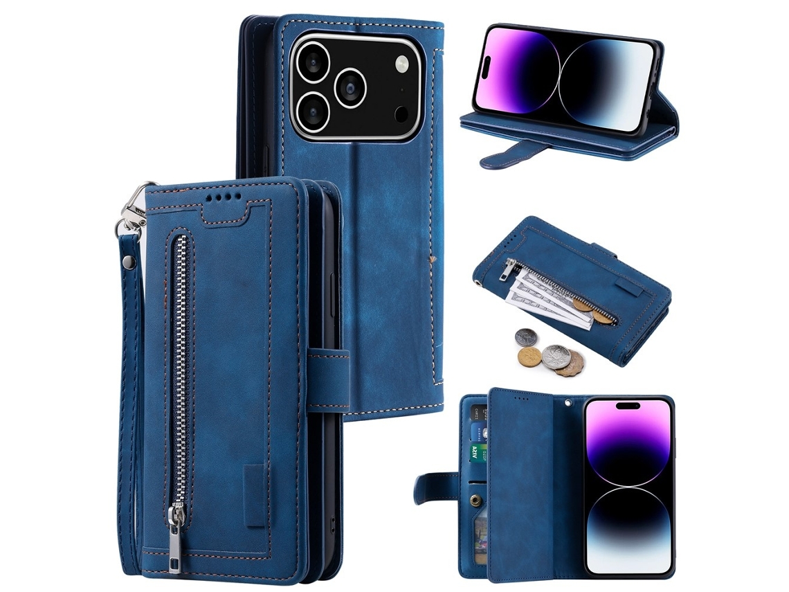 Capa Compatível Com Iphone 17 Pro Com Zíper E 9 Compartimentos Para Cartões - Azul
