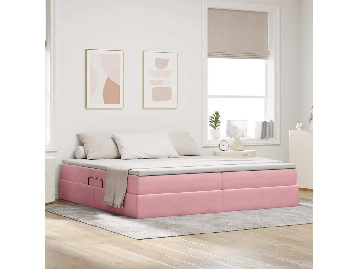 Vidaxl Cama Com Arrumação E Colchão Rosa 200 X 200 Cm Veludo