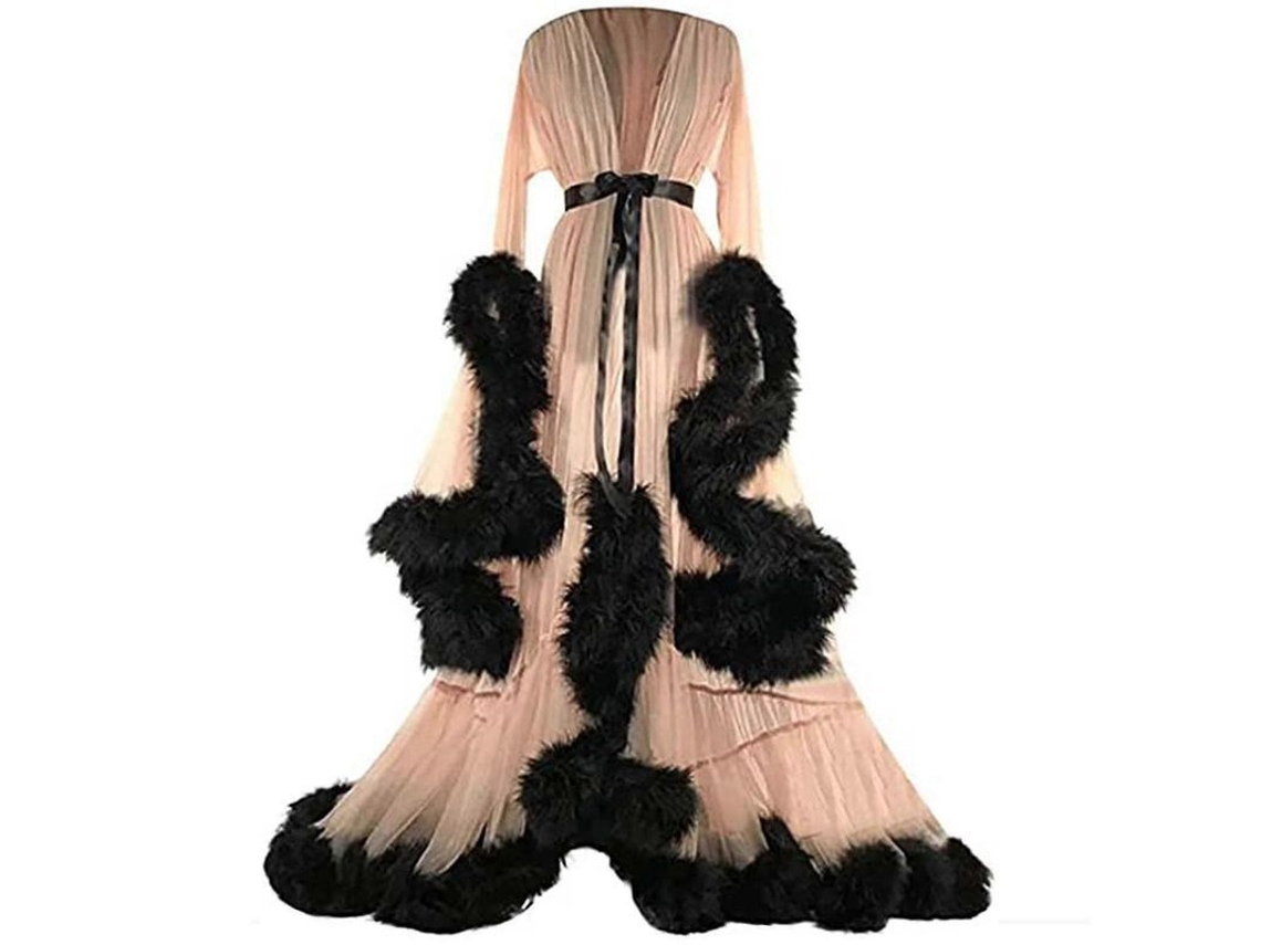 Vestido Largo Plumas Mangas Amplias para Fiestas de Soltera Boda Mbeige M Bege