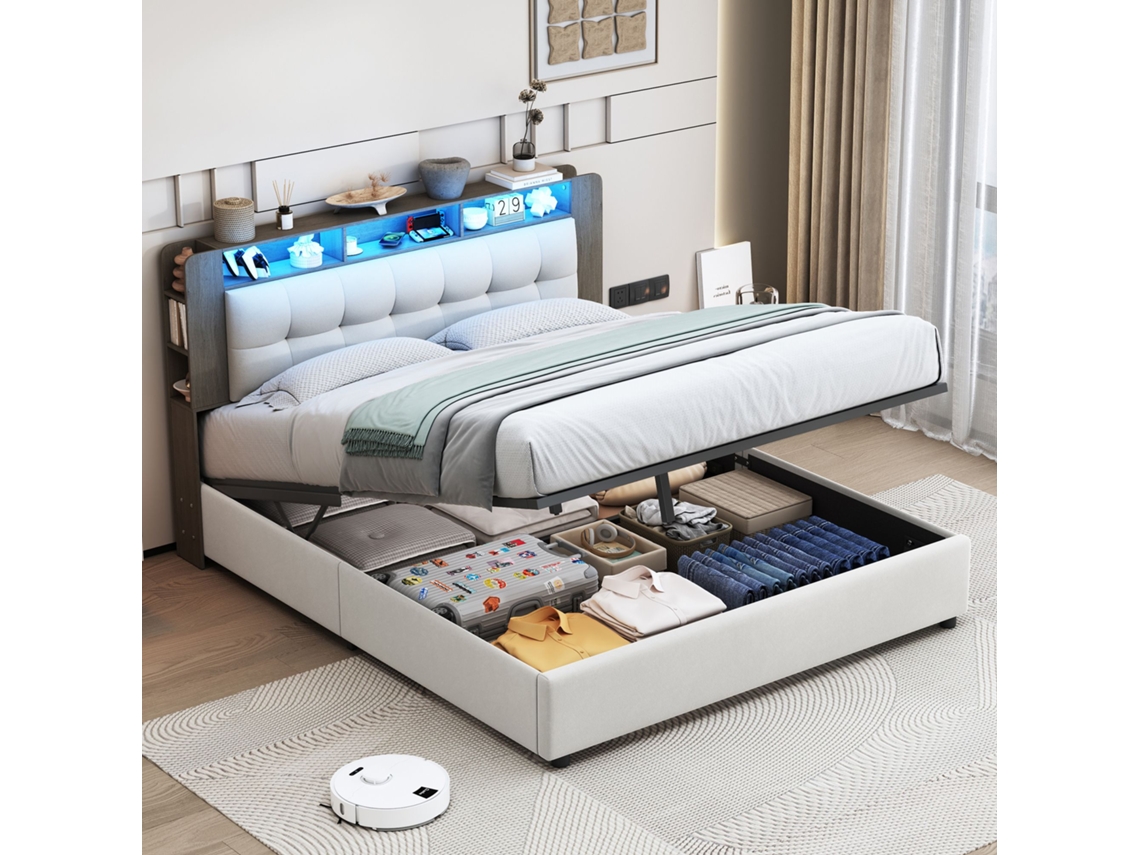 Cama De Casal Adulta 160x200 Cm Com Baú Hidráulico, Cabeceira Com Led, Arrumação, Carregamento Sem Fios E Usb, Veludo, Bege, Sem Colchão