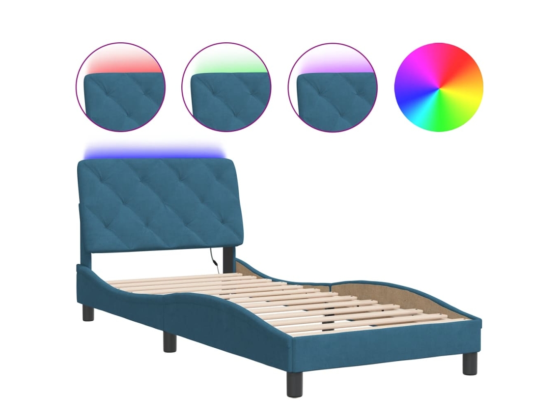 Estrutura de Cama com Led HANKO em Veludo Azul (90x190 cm)