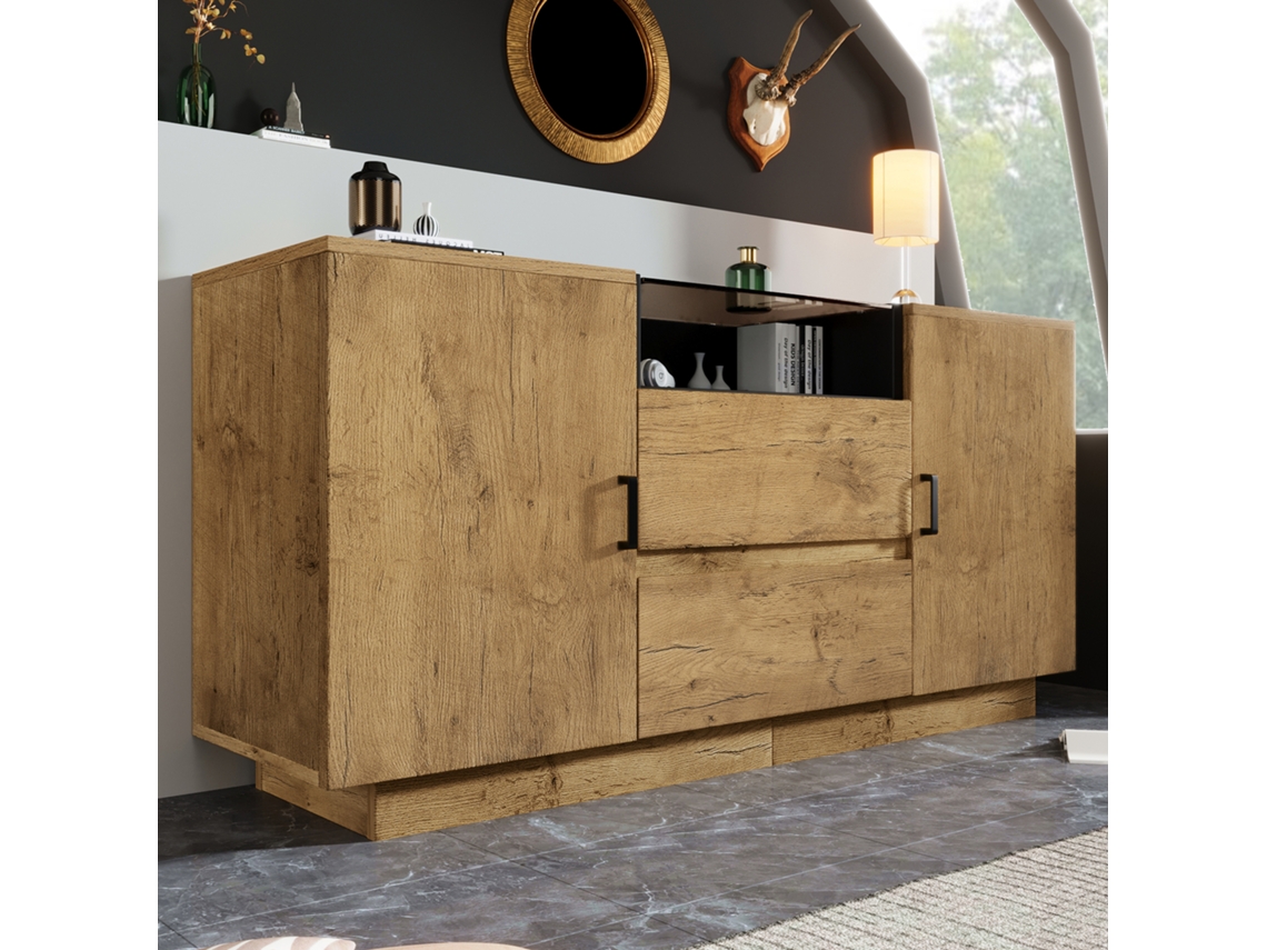 Cômoda 140x40x70cm Carvalho 2 Gavetas 2 Armários Vidro VOLTEDGE
