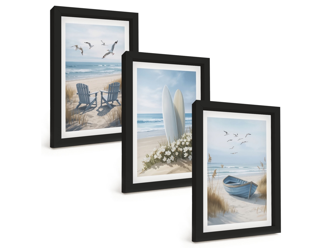 Um Conjunto De Imagens Decorativas Em Uma Moldurapraia, Pranchas De Surfe, Pássaros Moldura Preta Pinturas De Quarto Espelharte (3 Peças 20x30 Cm)