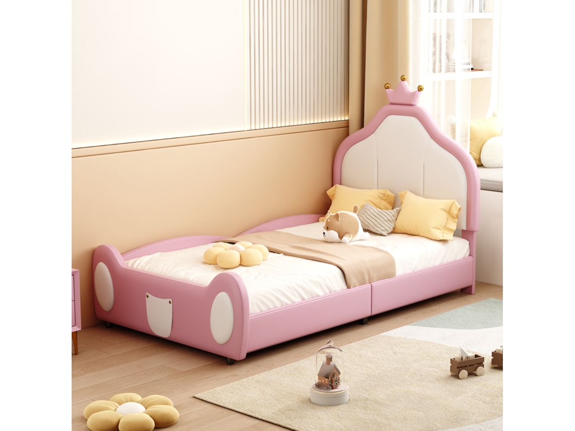 Cama infantil estofada 90x200 Cm com design de coroa, rosa, em Pu VSOGA
