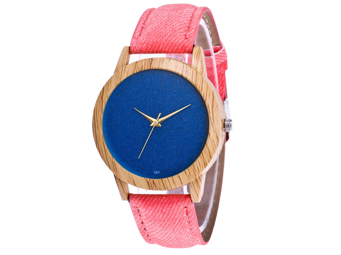 Relógio de pulso Zhoulianfa unissex minimalista com pulseira de jeans e quartzo rosa.