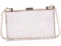 Bolsa De Ombro Feminina Em Acrílico, Modelo Único, Com Corrente E Compartimento Para Acessórios, Na Cor Branca E Metal.