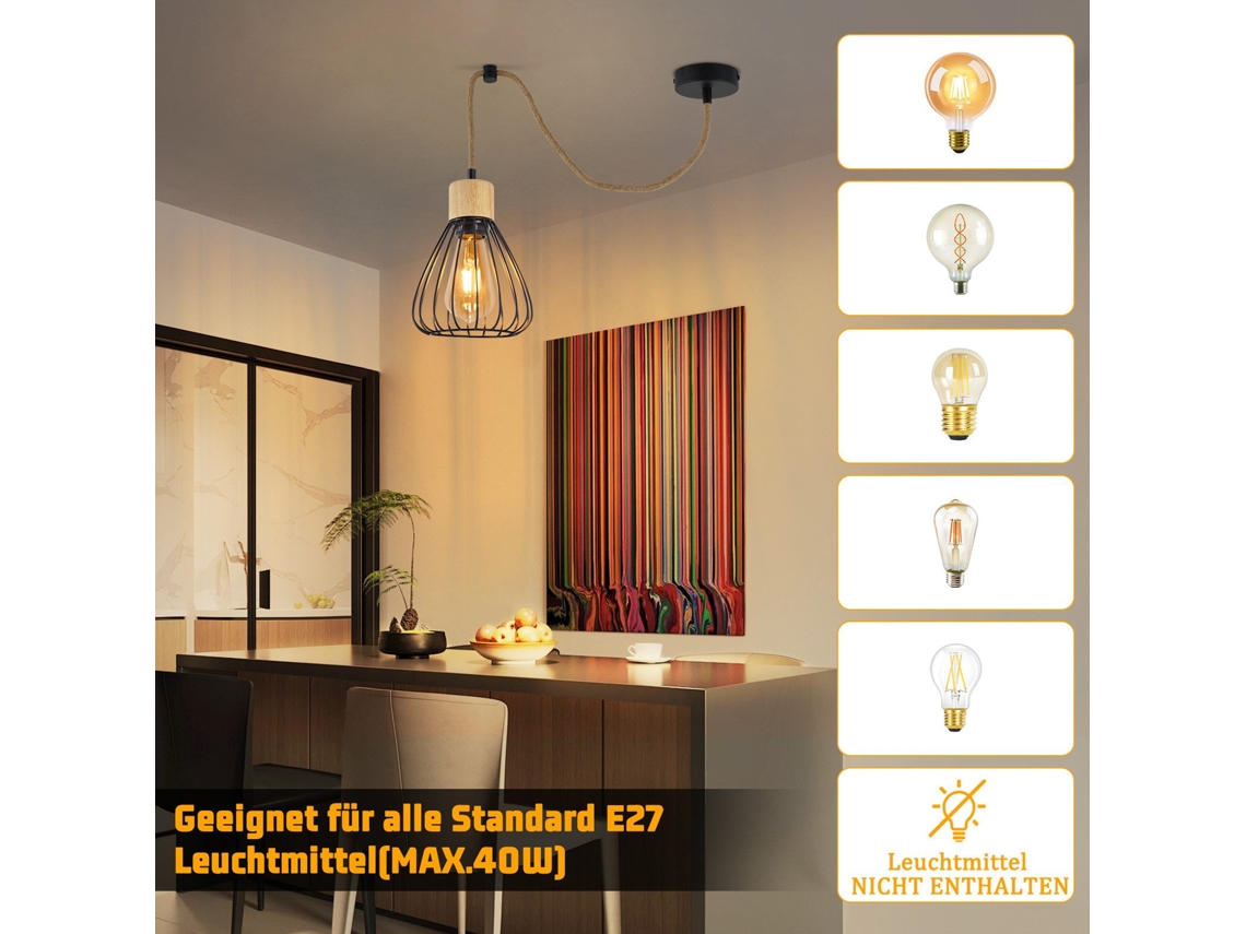 Luminária Pendente Nettlife Para Mesa De Jantar Em Metal Preto 1 Chama Retro Industrial Madeira Corda De Cânhamo E27