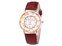 Relógio feminino moderno com mostrador redondo, mecanismo de quartzo e pulseira de couro sintético, na cor marrom.
