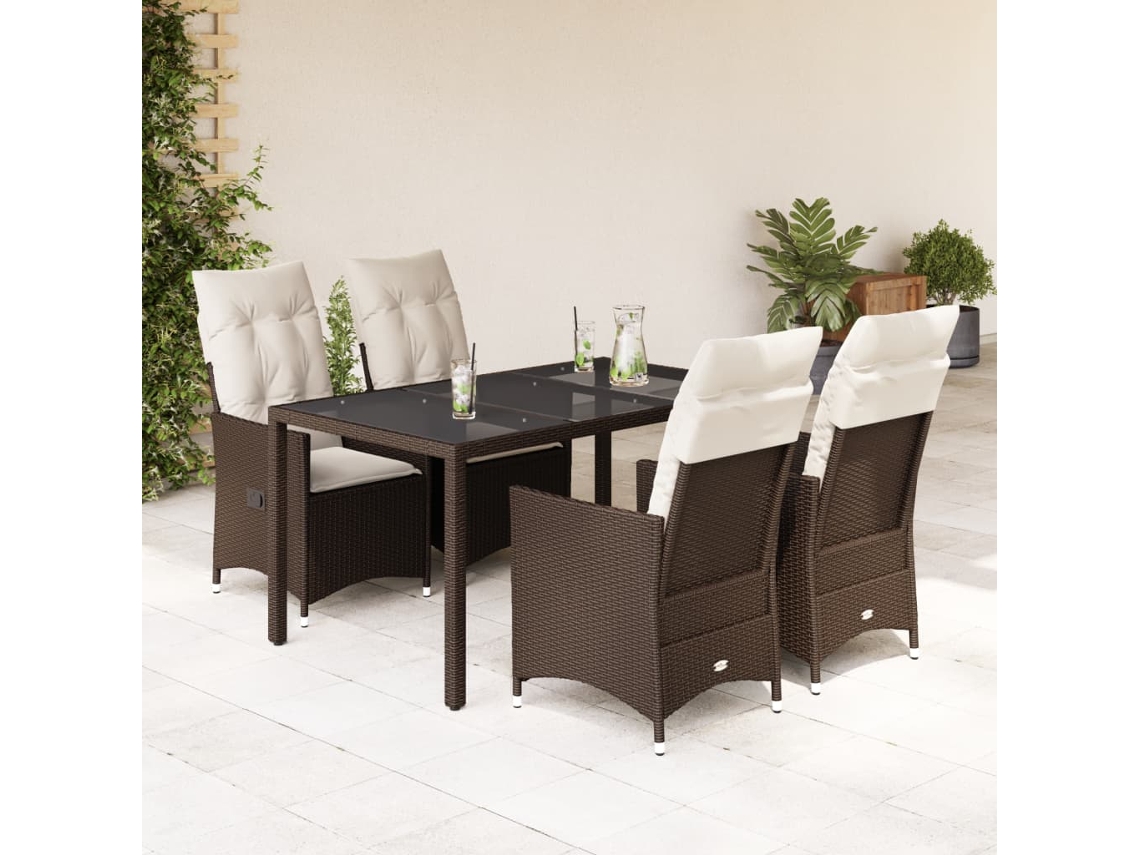 Vidaxl 5 Pcs Conjunto Jantar P/ Jardim C/ Almofadões Vime Pe Castanho