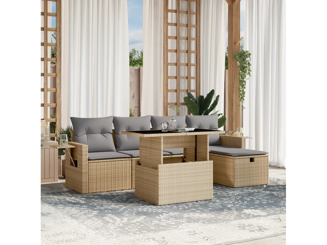 Vidaxl 6 Pcs Conjunto de Sofás P/ Jardim com Almofadões Vime Pe Bege