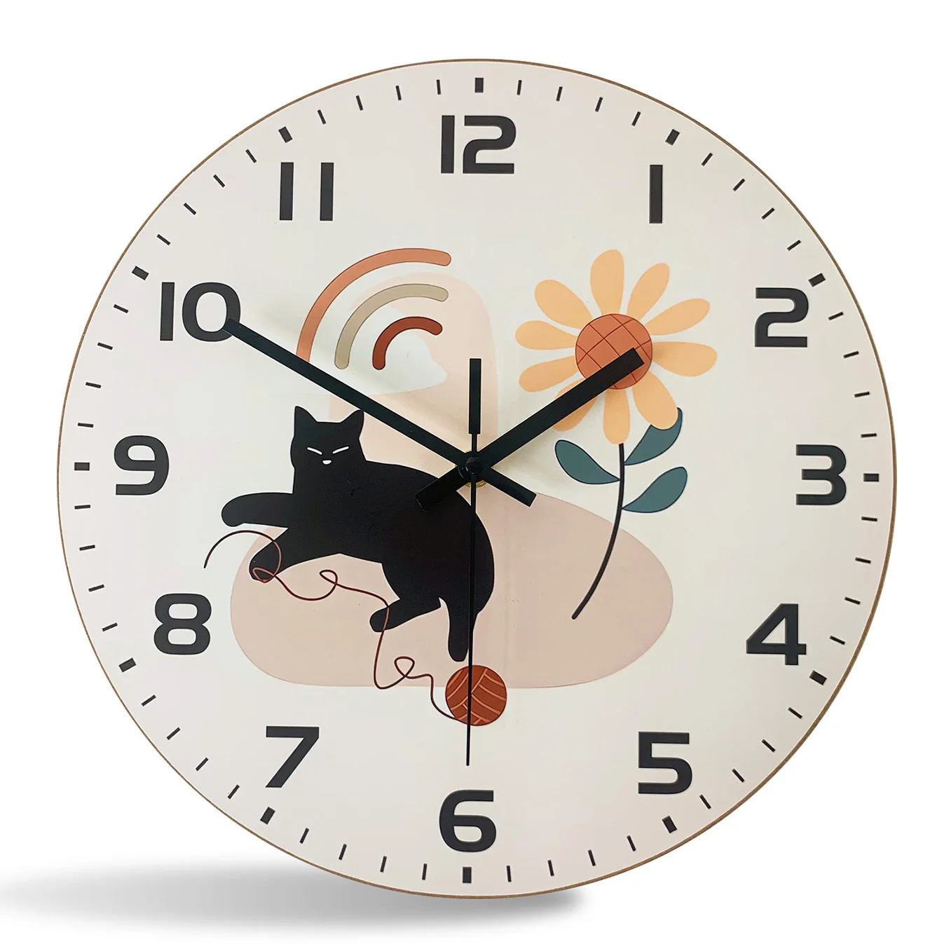 Relógio De Parede De Madeira (25 Cm) Com Estampa Simples De Gato Preto E Girassol, Silencioso E Com Mecanismo De Quartzo.