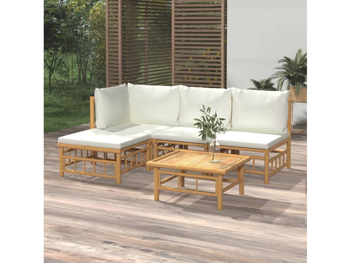 5 Pcs Conjunto Lounge De Jardim Bambu C/ Almofadões Branco Nata Dkd Home Decor