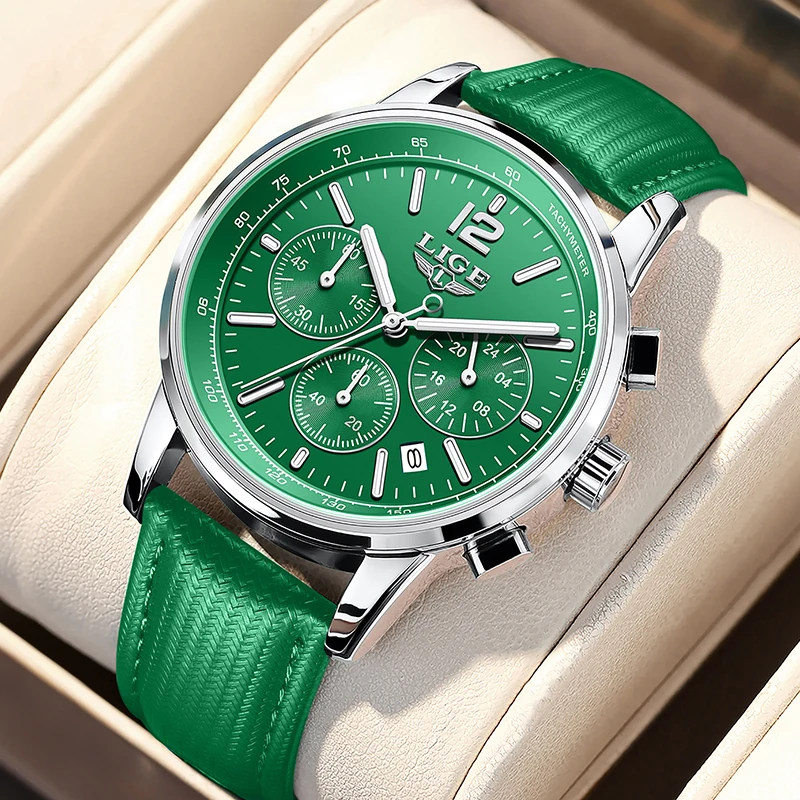 Relógio De Pulso (prateado-esverdeado) Com Elegante Pulseira De Couro Para Negócios.