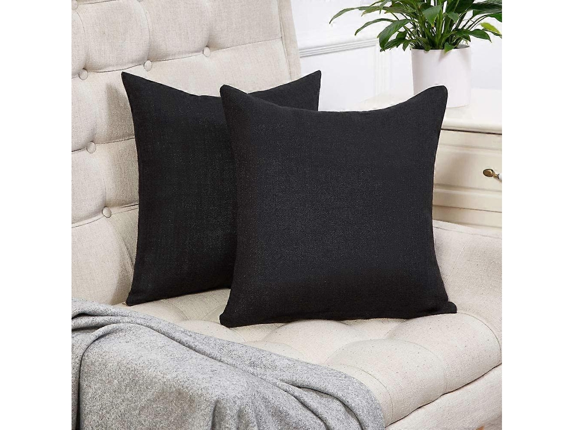 Conjunto De 2 Capas De Travesseiro De Linho Rústico Preto Quadrado Decorativo De 18x18 Polegadas Para Sofá E Decoração