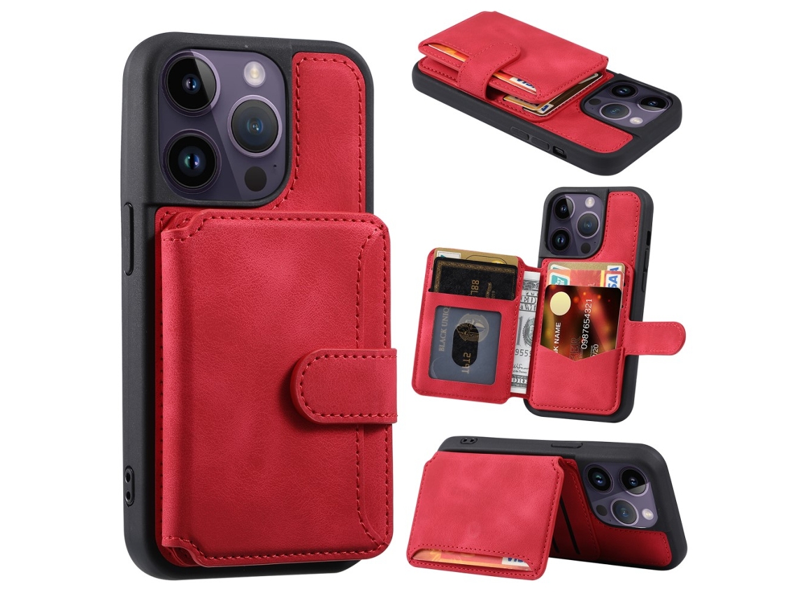 Capa Bloqueio Rfid Para Iphone 15 Pro Pele Sintética Vermelho