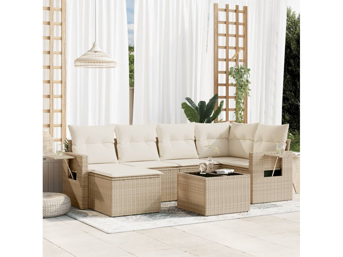 Vidaxl 7 Pcs Conjunto De Sofás P/ Jardim Com Almofadões Vime Pe Bege