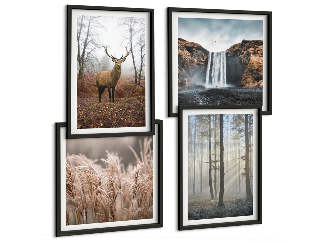 Composição De Quadros Montanhas Verdes, Rio, Rochas Moldura Preta Imagens Para Um Quarto Infantil Espelharte (conjunto De 4 Imagens)