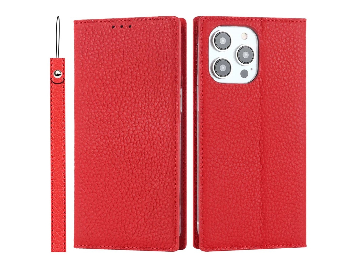 Capa Genuíno Textura Lichia Para Iphone 14 Pro Pele Vermelho