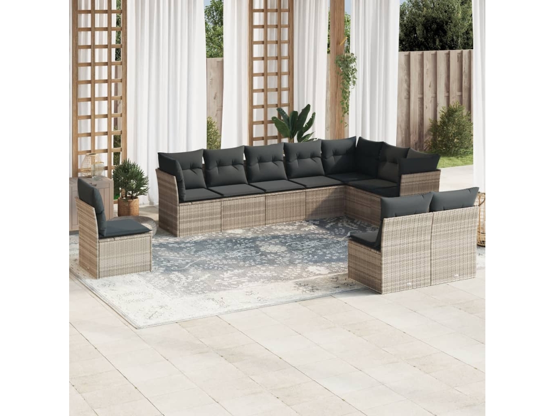 Vidaxl 10 Pcs Conj. Sofás Jardim Com Almofadões Vime Pe Cinzento-claro