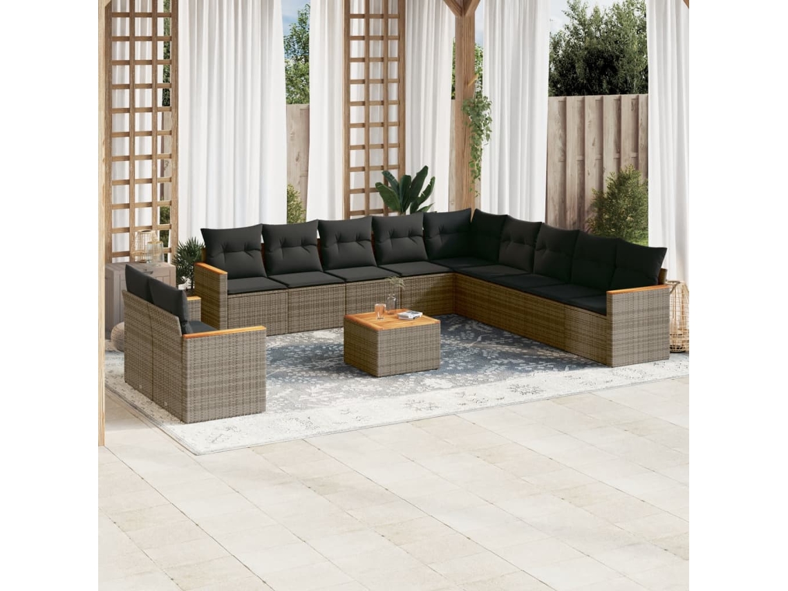 Vidaxl 12 Pcs Conjunto de Sofás Jardim C/ Almofadões Vime Pe Cinzento