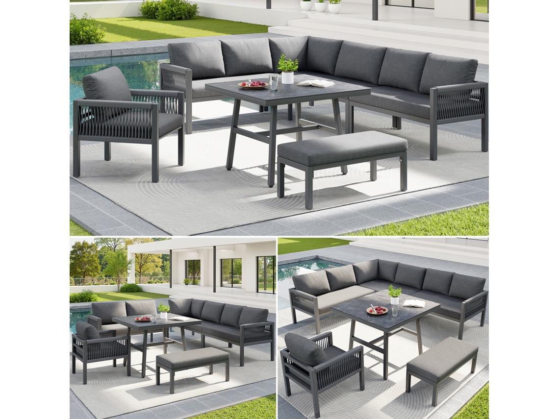 Sofá Jardim Trançado VELTRIX 8 pessoas, ferro, mesa de mármore, vidro, cinza