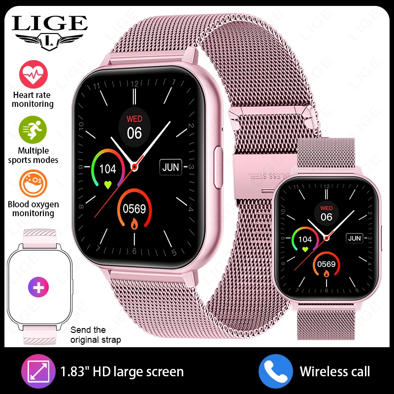 Smartwatch MDUG com Chamadas Sem Fio, Tela de 1,83 Polegadas, Unissex (rosa, Pulseira de Malha)