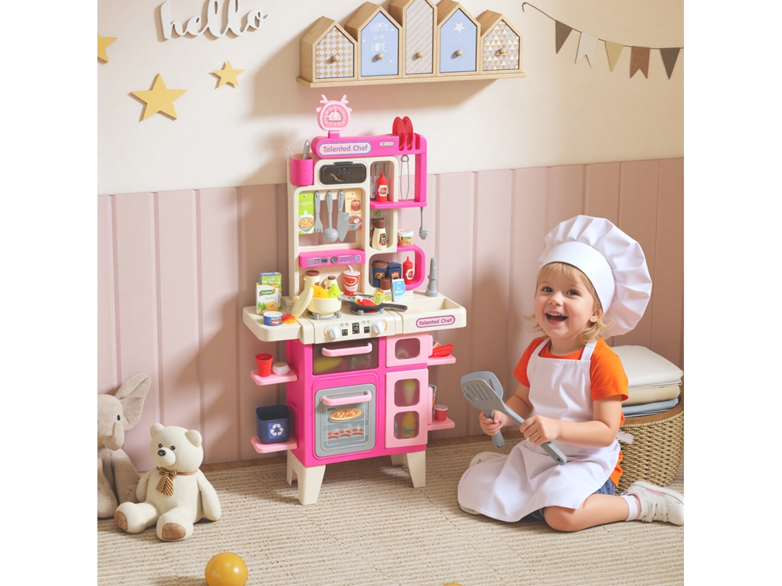 Cozinha De Brinquedo Para Crianças Dos 3 Aos 6 Anos Com 104 Acessórios, Em Pp, Pe E Abs, 52.5x22x100 Cm, Rosa