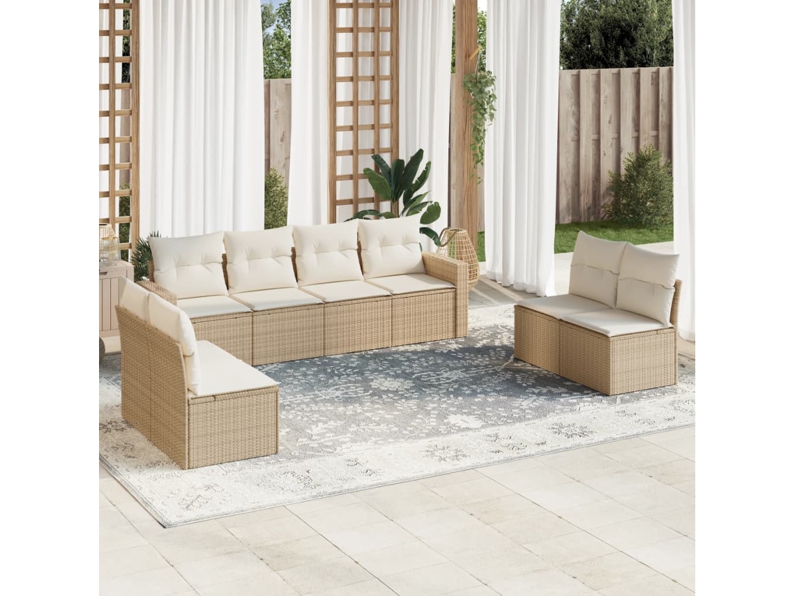Vidaxl 9 Pcs Conjunto De Sofás P/ Jardim Com Almofadões Vime Pe Bege