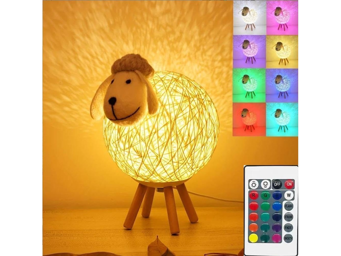 Abajur infantil pequeno em formato Ovelha com cabo USB, luz quente
