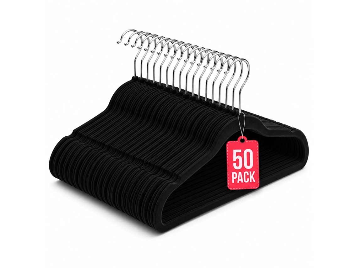 Cabides de Veludo Antiderrapantes Pack 50 Preto com gancho 360° COM-FORT HOUSE