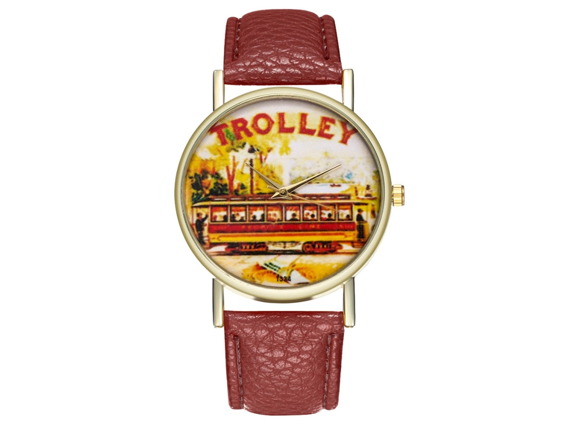 Reloj De Pulsera Unisex De Cuarzo Con Correa Pu Y Dial Redondo Patrón Trolley (café)