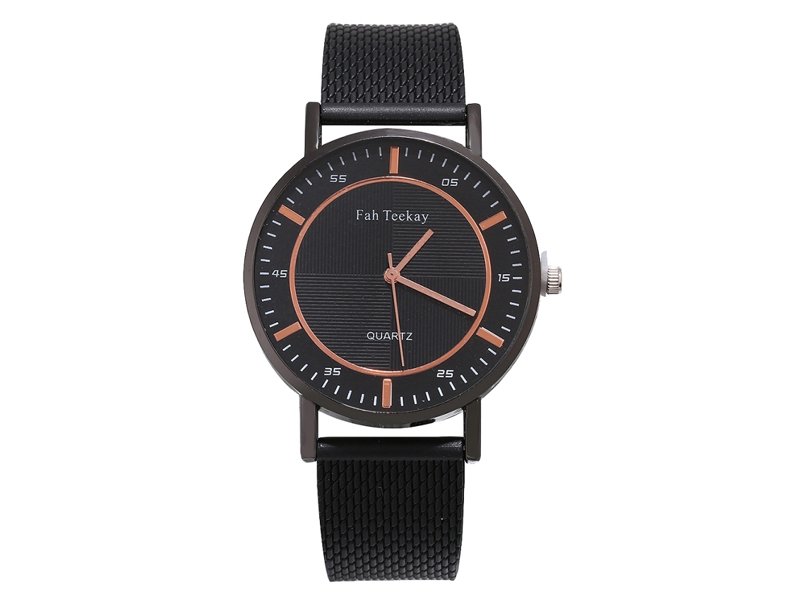 Relógio masculino de quartzo com pulseira de malha, mostrador redondo, estilo casual, dourado e preto.