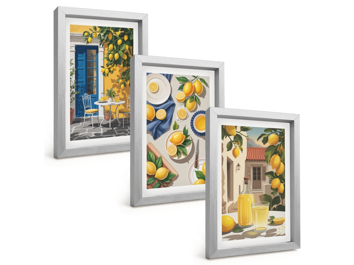 Quadros Decorativos Para Paredelimoeiro Com Bebidas Moldura Prateada Quadros Para O Escritório Espelharte (3 Peças 20x30 Cm)