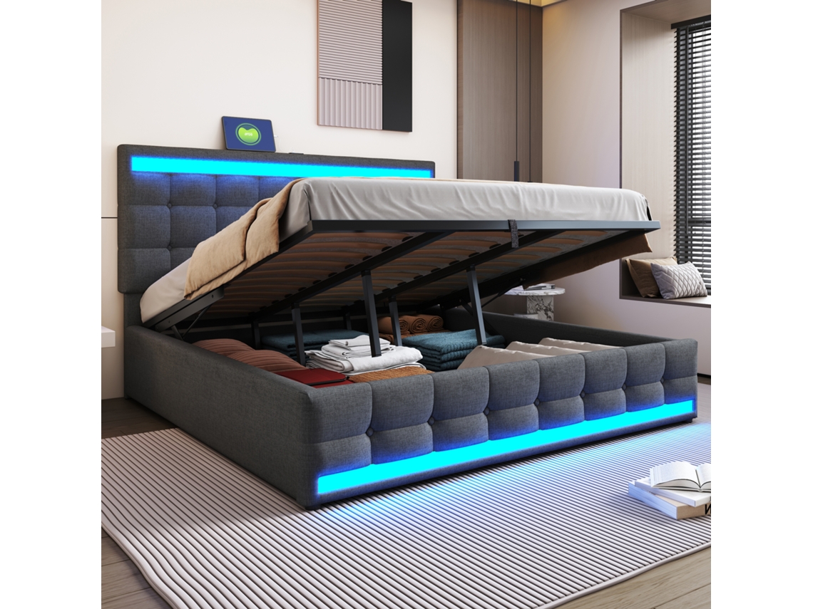 Cama 180x200 Com Armário Hidráulico, Usb E Led Colorido Cinza