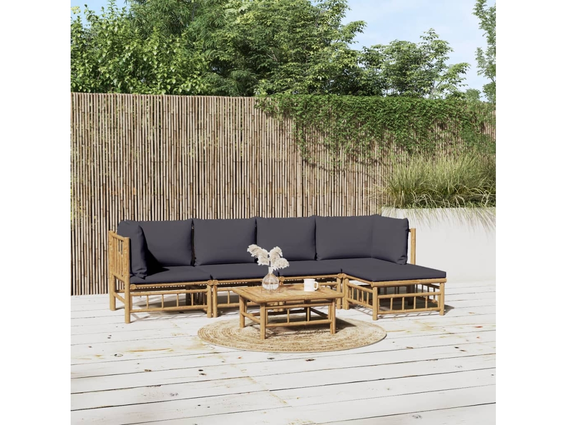 Vidaxl 6 Pcs Conjunto Lounge Jardim Bambu C/ Almofadões Cinza-escuro