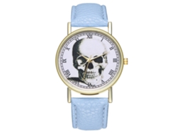 Reloj De Cuero Pu Con Calavera Y Números Romanos Para Mujer Y Hombre Azul Claro