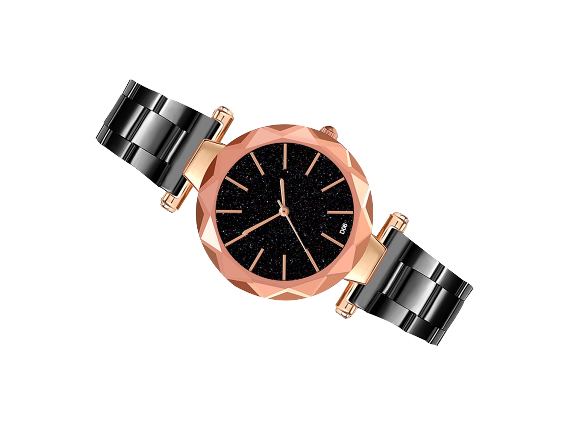 Relógio feminino de quartzo com mostrador estrelado e elegante pulseira casual de aço, preto.