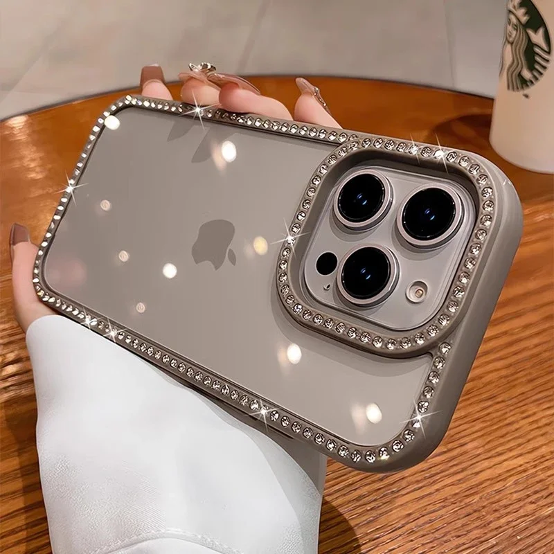 Capa Transparente Para Celular (iphone 14, Cinza) Com Strass Brilhantes, Proteção Contra Impactos E Estrutura Rígida De Acrílico.
