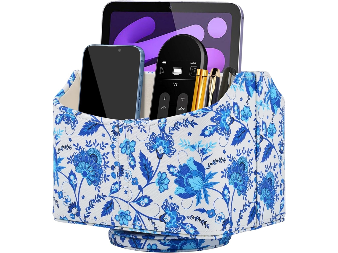 Suporte giratório 360° para controle remoto Slowmoose, organizador de mesa em couro sintético, caixa de armazenamento multifuncional (azul)