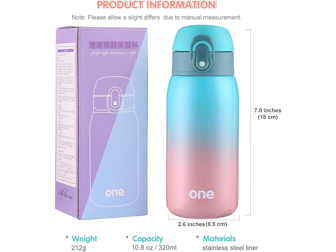 Botella de Água para Crianças com Tampa Aberta, Bela Botella de Água, Frasco de Aço Inoxidável, Sem Vazamentos (verde rosa)