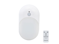 Luz noturna com sensor infravermelho, controle remoto LED, 7 teclas, rotação de 90 graus, iluminação suave e temporizador.