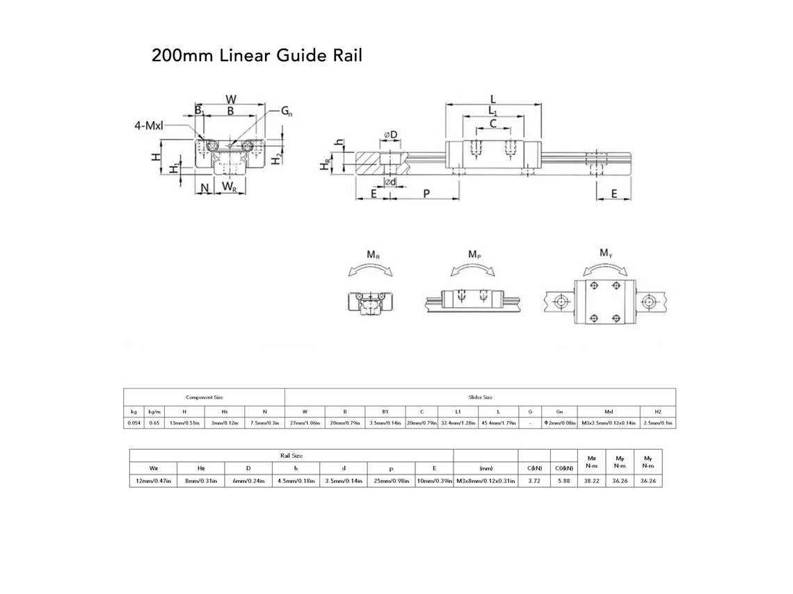 Guia Linear 200mm Com 2 Blocos Mgn12h Aço