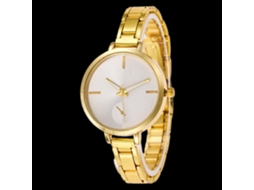 Relógio de quartzo com pulseira de aço, estilo moderno, simples e universal, detalhes em dourado.