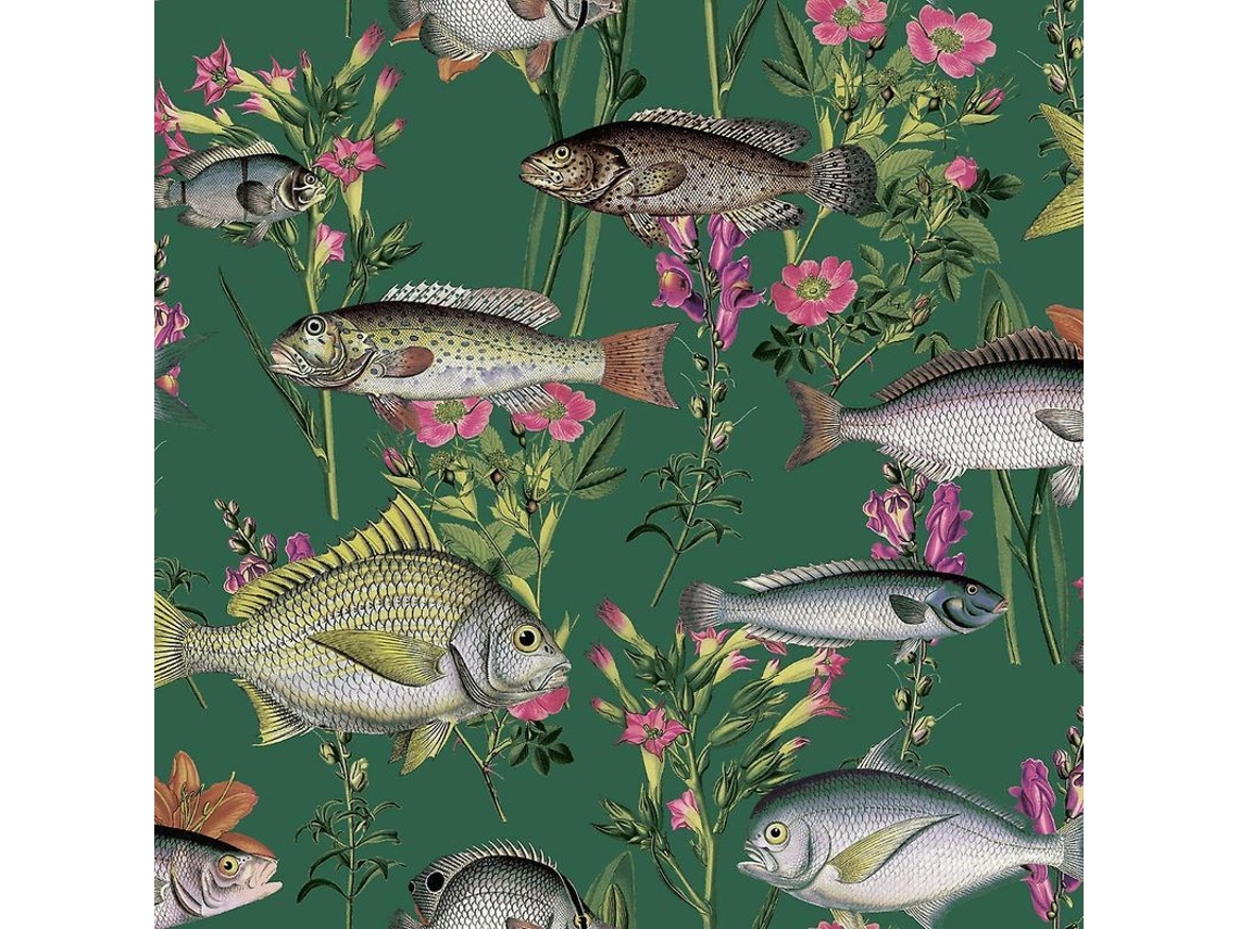 Papel De Parede Peixe Lagoa Holden Verde Com Flores E Peixes Ilustrados Vibrantes Verde