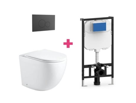 Conjunto de vaso sanitário suspenso de cerâmica Genova com cisterna redonda preta e botão de pressão Aquore