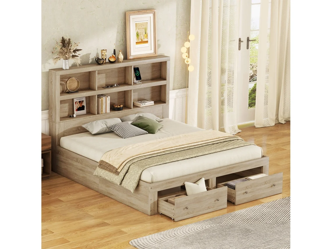 Cama king size 160x200 cm com arrumação, 2 gavetas inferiores, cabeceira com prateleiras, acabamento natural VSOGA