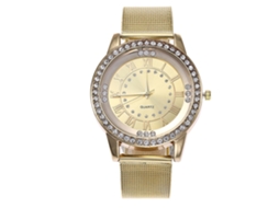 Relógio de pulso unissex moderno com pulseira de malha, detalhes em diamante e dourado, mecanismo de quartzo.