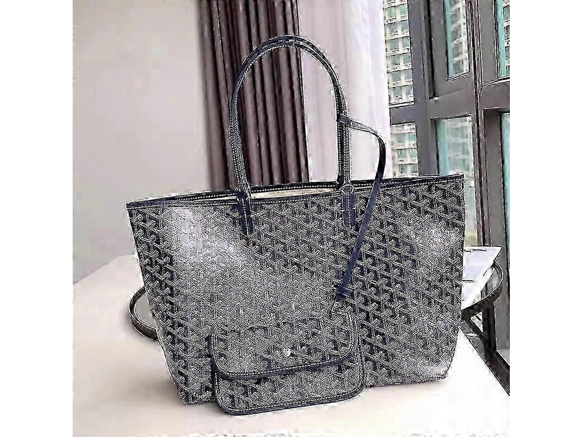 Bolsa Tote Com Bolsa Removível Clássica, Tecido Resistente E Couro Cognac Para Presente--dark Blue