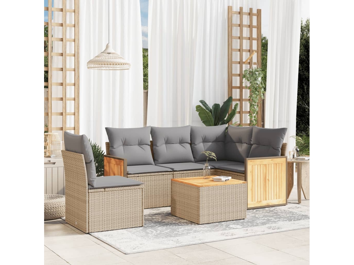 Vidaxl 6 Pcs Conjunto De Sofás P/ Jardim Com Almofadões Vime Pe Bege
